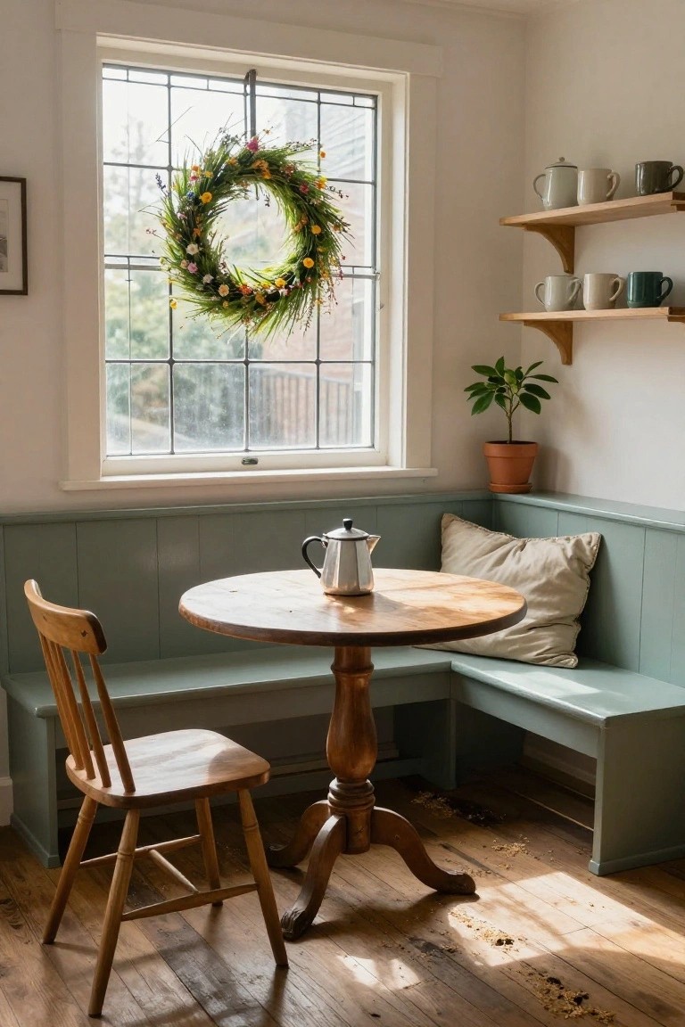 Kitchen corner with sage green paneled bench seating around a round wooden table and chair, silver teapot on table, natural wreath of grasses and flowers hanging inside window, shelves with ceramic mugs, potted plant on shelf, wooden floor.