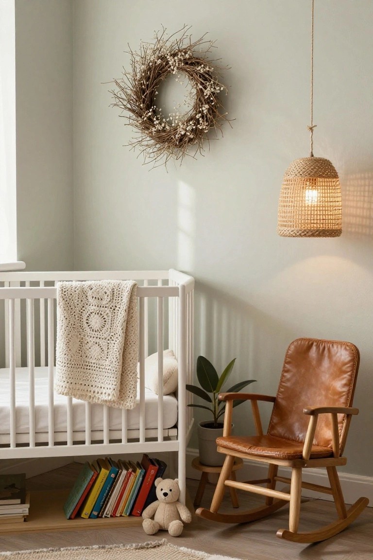 Pale green nursery corner with white crib draped in white crochet blanket, tan leather rocking chair, stack of children's books and teddy bear under crib, potted green plant, woven pendant lamp hanging from ceiling, and circular dried branch wreath with white flowers on wall.