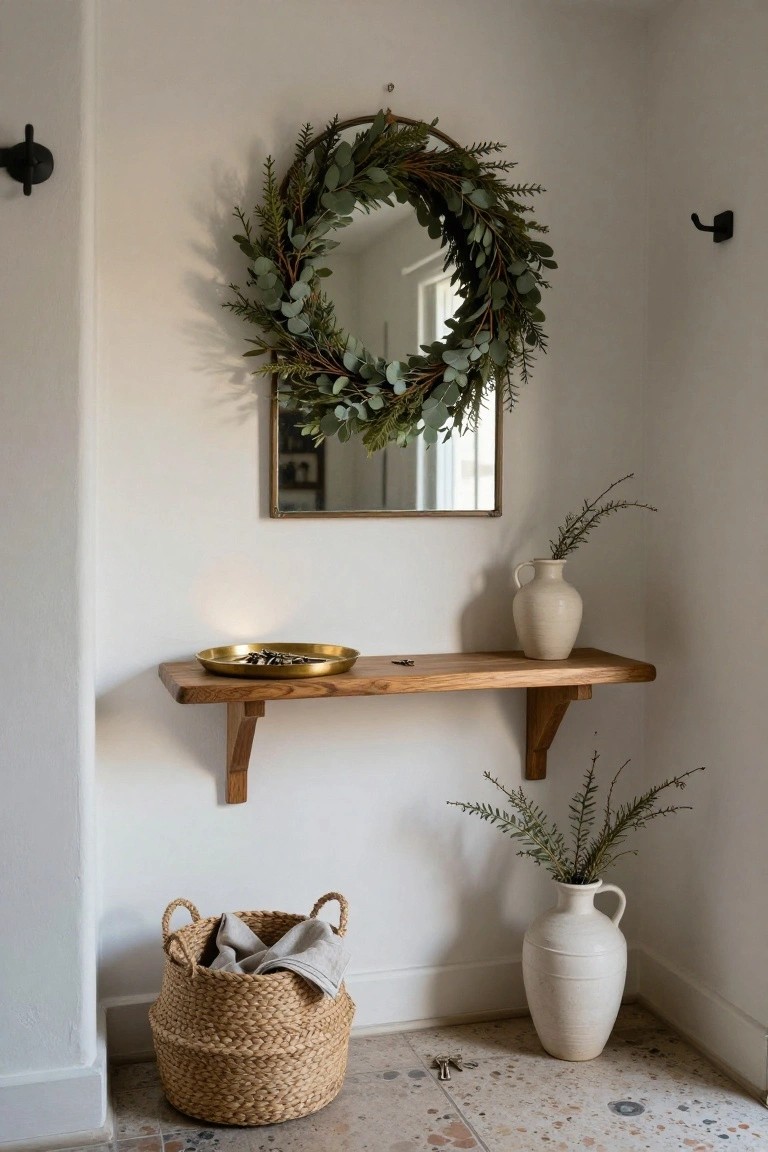 Corner entryway with gold-framed round mirror encircled by eucalyptus and fir wreath, floating wooden shelf holding brass tray and white ceramic vase, potted plants, large white vase, and seagrass basket with linen on speckled tile floor.