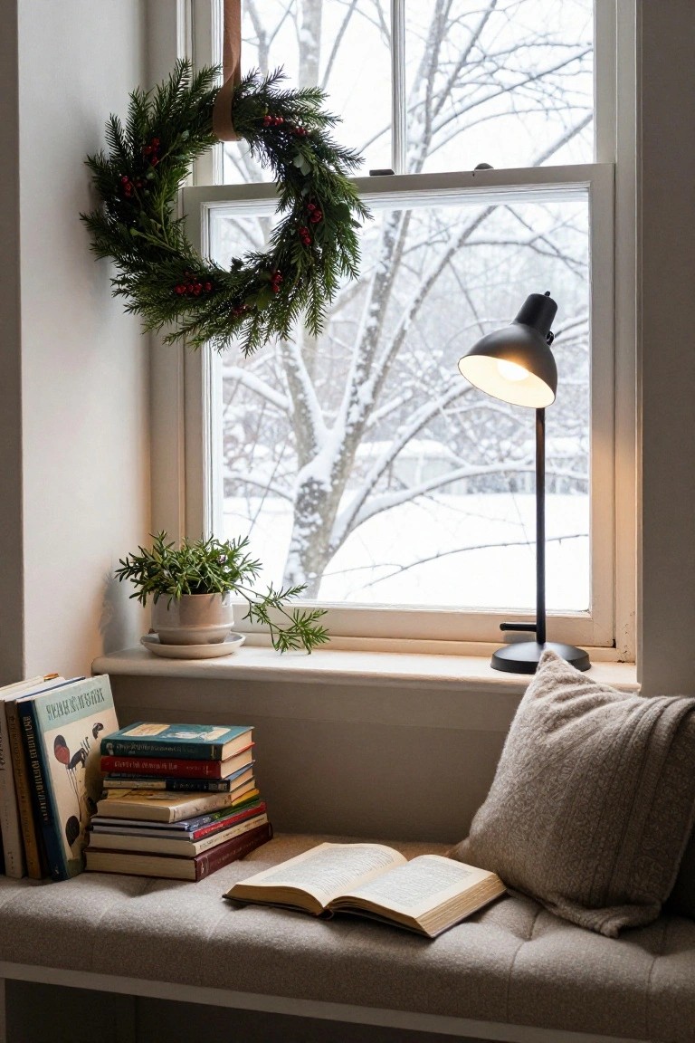 A natural evergreen Christmas wreath with red berries hangs on the interior side of a double-hung window overlooking snowy trees, beside a cushioned window bench holding stacked books, an open book, a potted plant, a lamp, and a beige pillow.