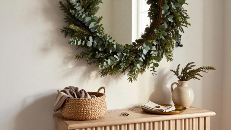 Corner entryway with gold-framed round mirror encircled by eucalyptus and fir wreath, floating wooden shelf holding brass tray and white ceramic vase, potted plants, large white vase, and seagrass basket with linen on speckled tile floor.