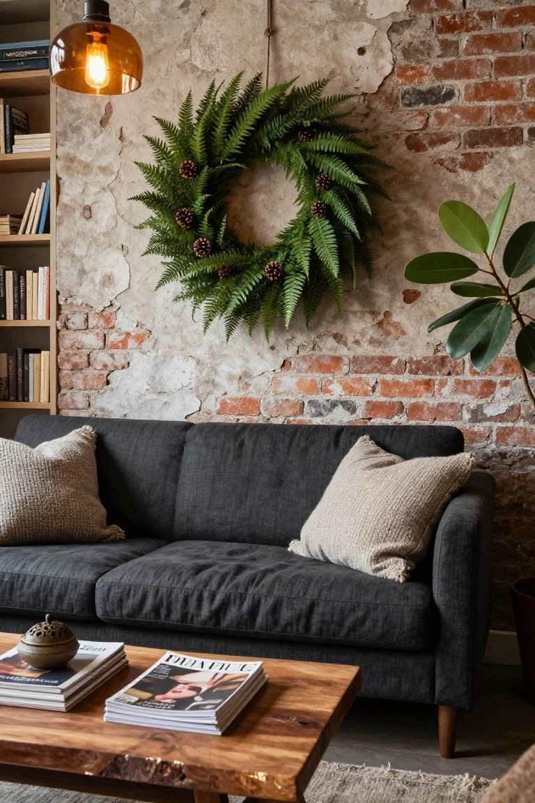 Living room with exposed brick wall featuring a large green fern wreath with pinecones, gray sofa with cream pillows, wooden coffee table holding magazines and incense burner, bookshelves, and potted plant.