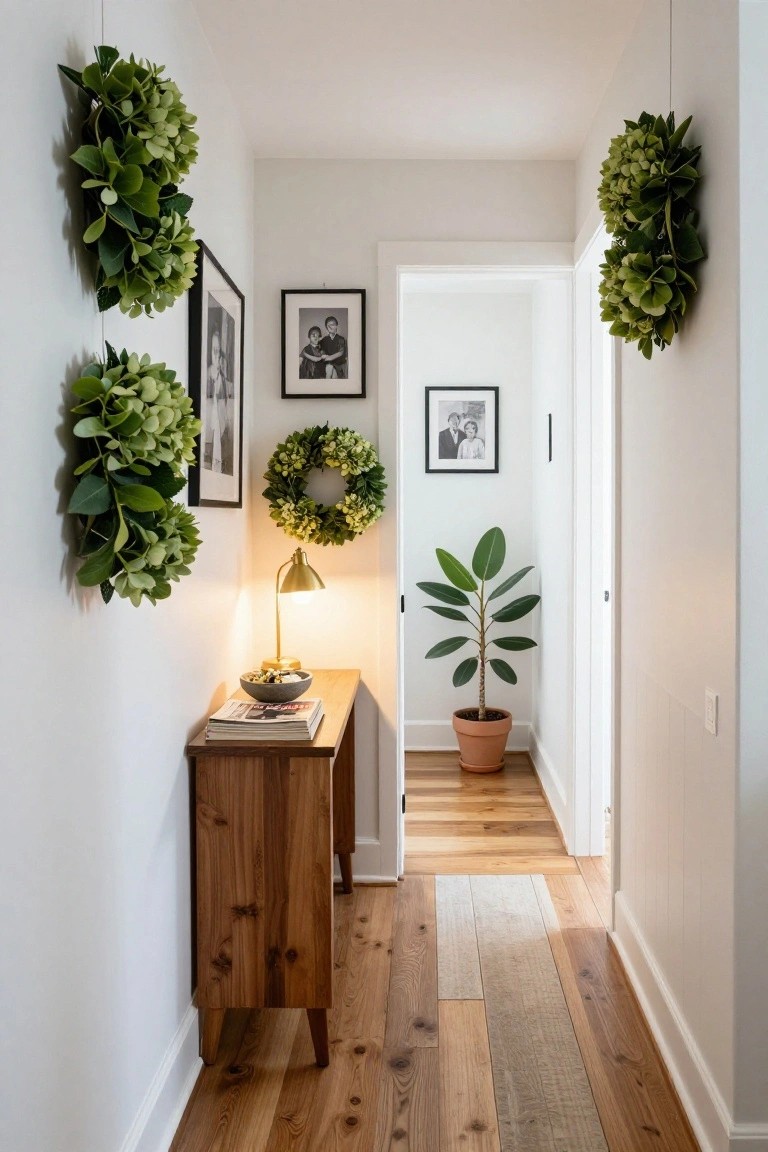 Narrow white interior hallway with multiple green hydrangea wreaths mounted vertically on walls, a wooden console table topped with a gold lamp, stone bowl, magazine, and hanging green wreath, black and white framed family photos, and a potted ficus plant further down the hall.