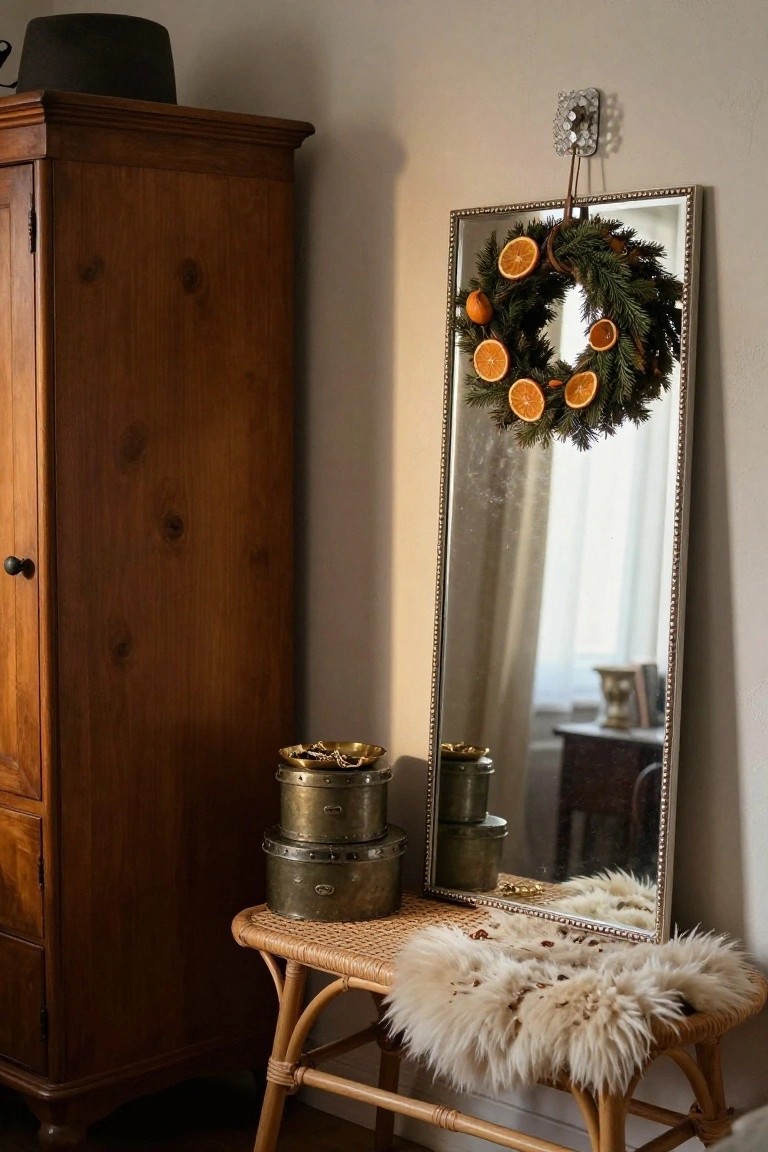 Tall rectangular mirror with silver frame hanging on a wall, decorated with a wreath of green pine branches and dried orange slices, next to a wooden wardrobe and a rattan stool topped with white sheepskin rug in a warmly lit interior.