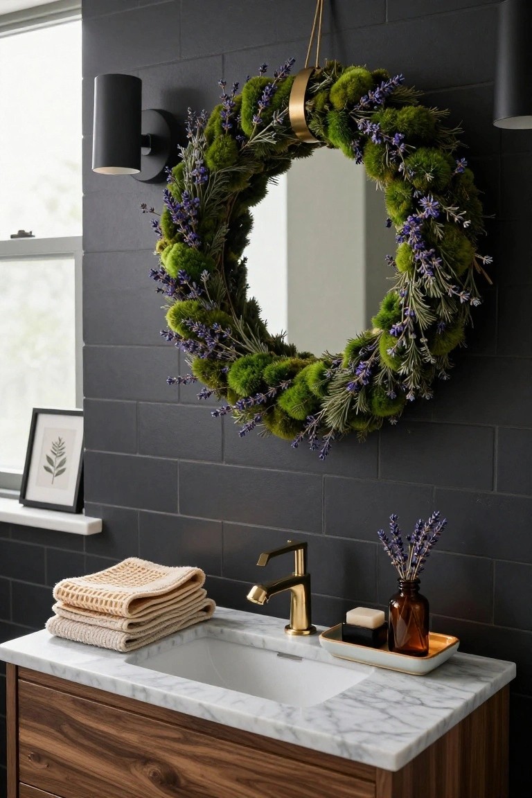 Round mirror framed by a lush preserved moss wreath with lavender sprigs and gold hoop, hanging above a white marble vanity sink with gold faucet, stacked beige towels, soap dish, and small vase in a black subway tile bathroom.