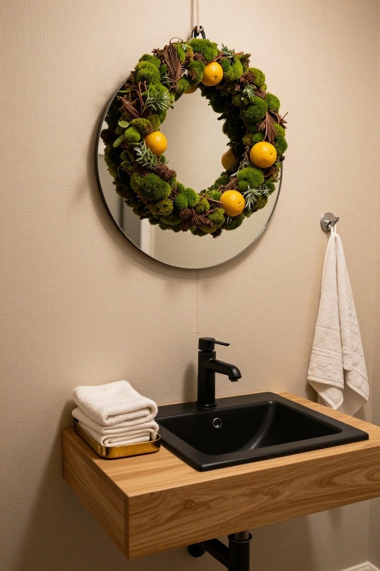 Round black-framed mirror encircled by preserved moss wreath with yellow oranges, rosemary sprigs, and twigs, above black sink on wooden vanity in beige bathroom with white towels and towel hook.