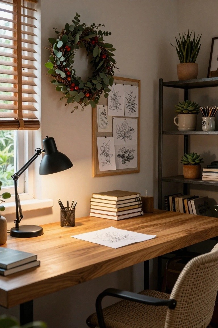 Cozy home office with wooden desk, black adjustable lamp, stacked notebooks, potted plants on shelves, pencil holder, and green eucalyptus Christmas wreath with red berries on wall near wooden blinds and window.