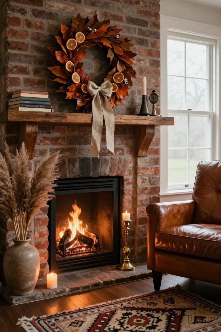 Brick interior fireplace with wooden mantel holding stacked books, black vase, clock, and beige linen cloth, wreath of brown leaves and dried orange slices with burlap bow hanging above, pampas grass in vase, candle, gold candlestick, leather armchair, and window nearby.