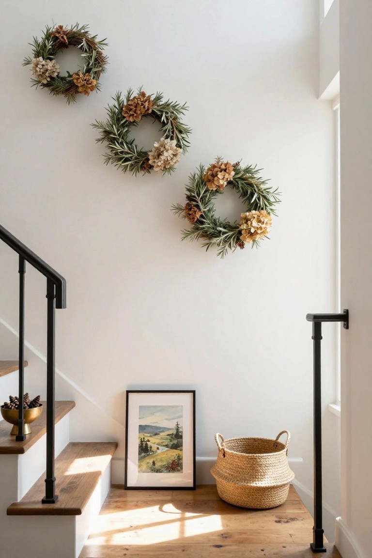 Three small natural wreaths with rosemary, dried flowers, and pinecones hang vertically spaced on a white wall beside a staircase with black metal railing, wooden steps holding a gold bowl of pinecones, a framed landscape painting leaning nearby, and a woven basket on the hardwood floor.