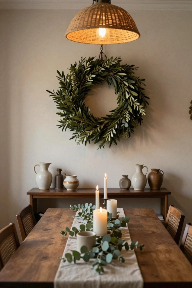 A large wreath of olive leaves hangs on a light beige wall above a wooden sideboard with assorted ceramic vases and lit candles, while a wooden dining table sits below with a linen runner, eucalyptus branches, and more candles under a rattan pendant lamp.