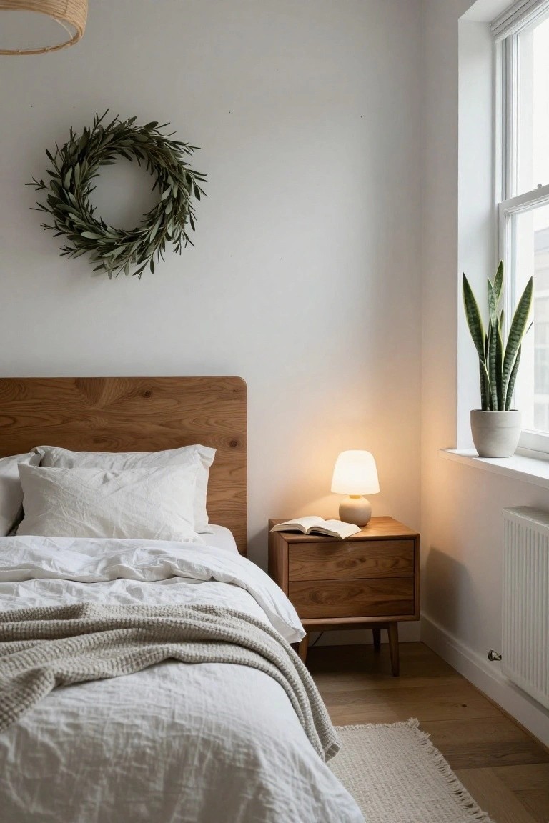 Bedroom corner with wooden headboard bed draped in white linens and gray throw, wooden nightstand holding open book and white lamp, potted snake plant by window, and olive leaf wreath on white wall above bed.