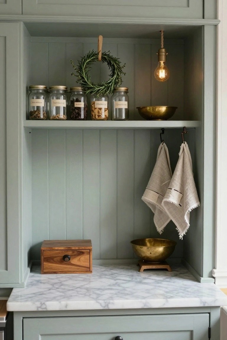 Sage green open kitchen cabinet with hanging rosemary wreath, glass jars of dried spices and herbs, brass bowls on shelves, linen dish towels on hooks, wooden box and brass bowl on marble countertop below, brass pendant light glowing inside.