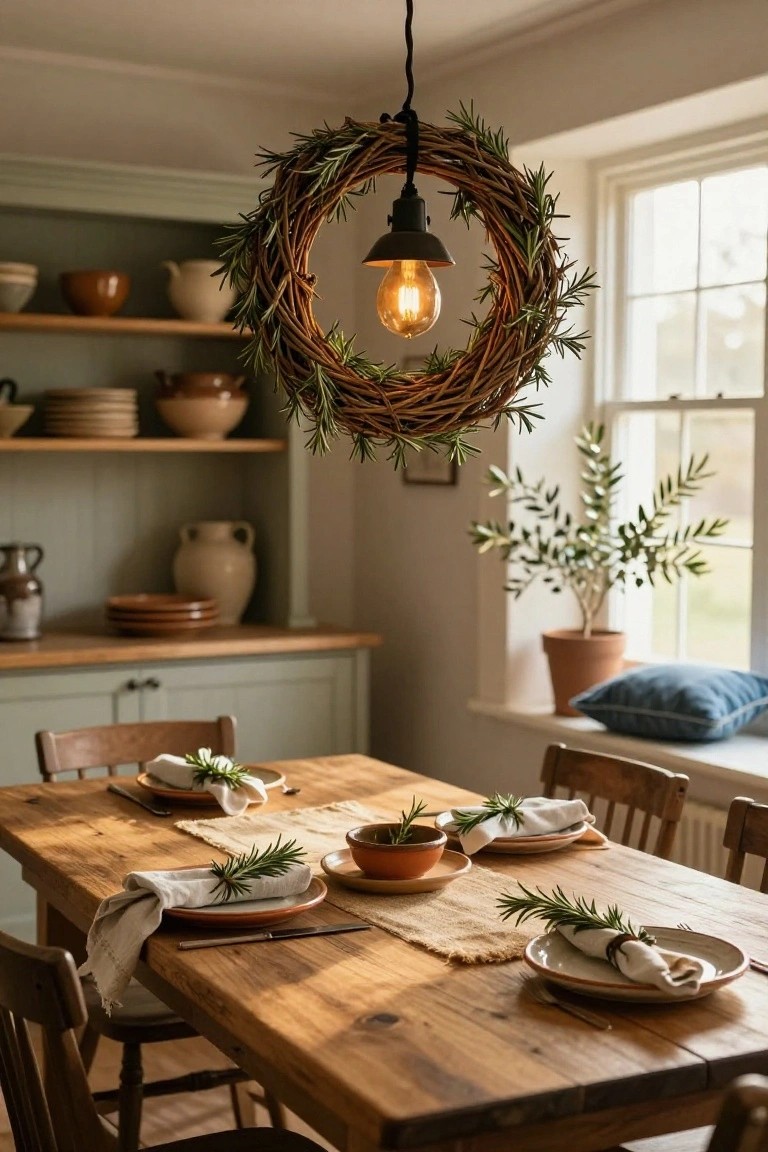 Kitchen dining area featuring a pendant light made from a rosemary wreath with a glowing bulb, over a wooden table set for four with plates, napkins tied with rosemary sprigs, green cabinets, and shelves holding pottery.