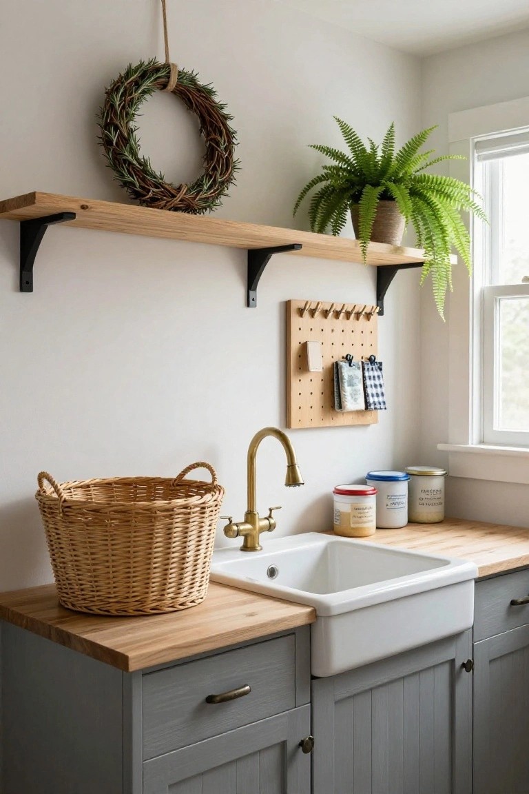 Laundry room interior with gray shaker cabinets, wooden countertop and shelves, white farmhouse sink, brass faucet, wicker laundry basket, wooden pegboard holding towels and scissors, potted fern on shelf, and rosemary wreath hanging on wall near window.