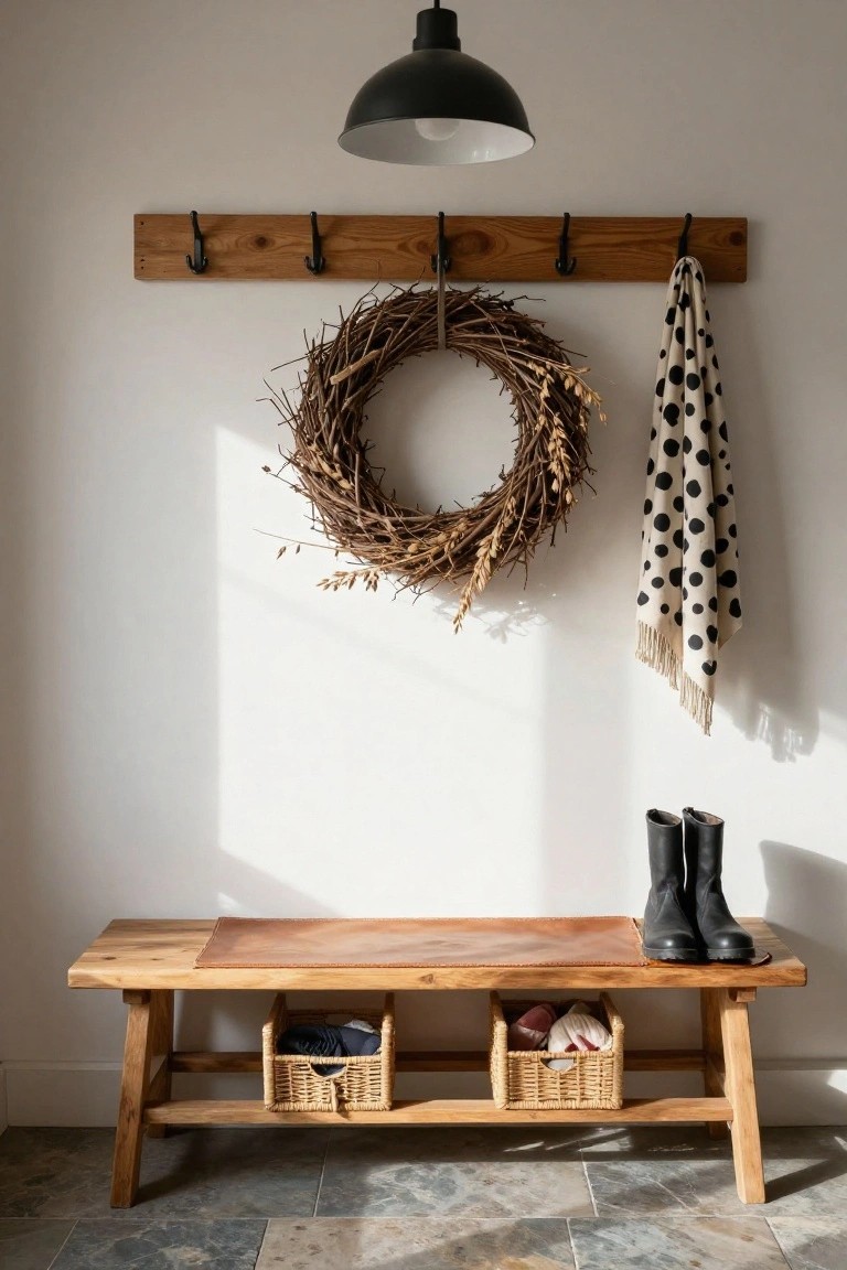 Natural wreath of twigs and wheat hangs on white wall between wooden coat hooks with polka-dot scarf draped over one, above wooden bench with leather top, black boots, and woven baskets holding clothes in entryway with slate floor.