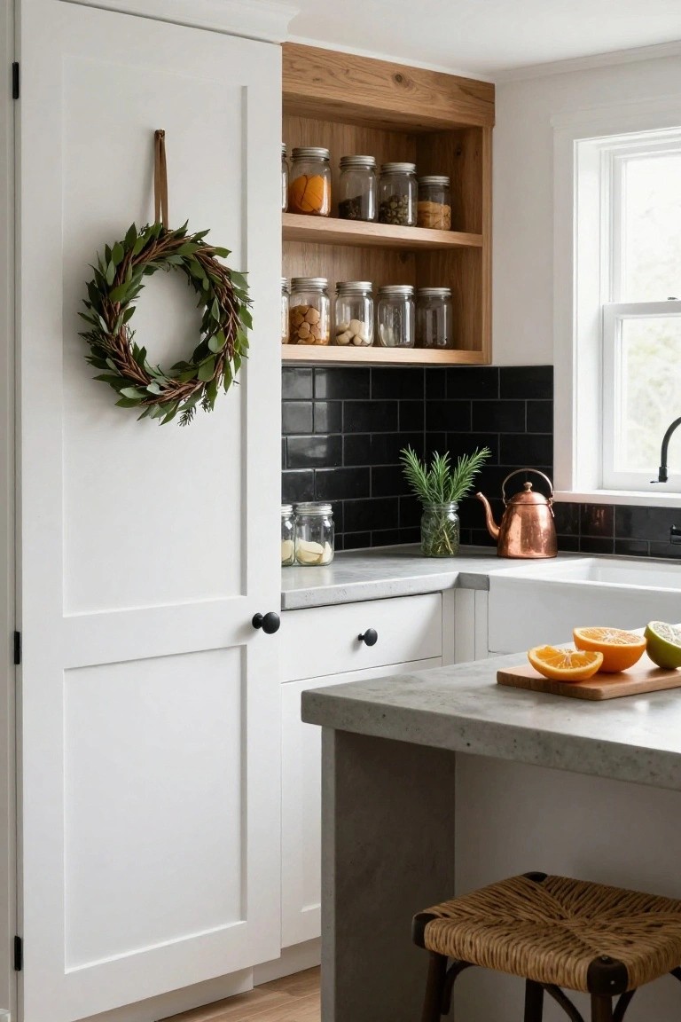 White Shaker-style kitchen cabinet door with a hanging wreath of green eucalyptus leaves on a leather strap, open wood shelves above with glass jars of spices and nuts, black subway tile backsplash, concrete countertop, copper teapot, and sink nearby.