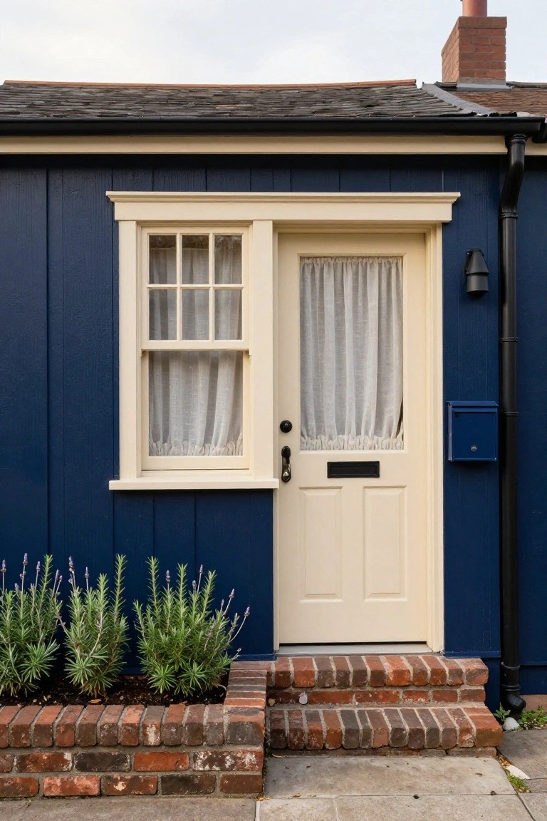 Navy blue clapboard house exterior with a cream door featuring sheer curtains over glass panels, matching cream window with sheer curtains to the left, lavender plants in a brick-edged bed at the base, brick steps, and a blue mailbox beside a black downspout.