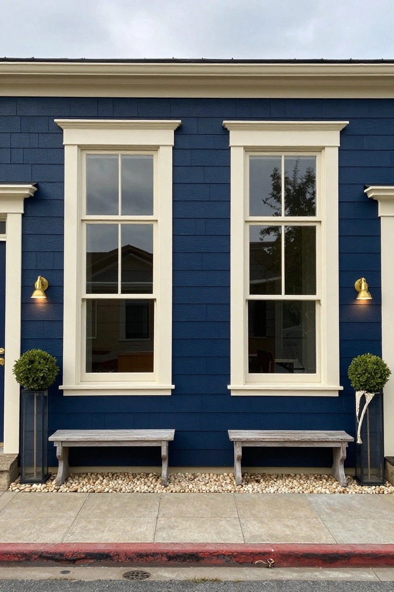 Navy blue shingle-style house facade with paired tall double-hung windows framed in white trim, gold wall sconces, potted topiary shrubs, wooden benches, pebble mulch, and a concrete sidewalk curb.