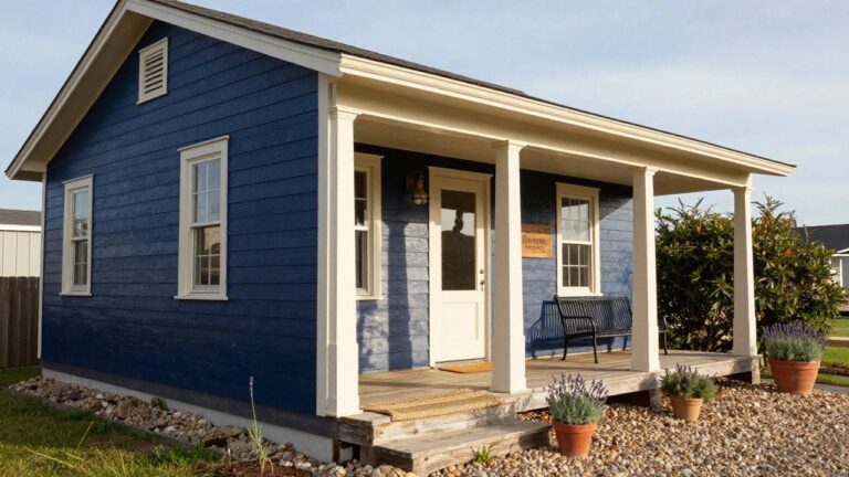 Navy blue clapboard siding house corner with cream trim on windows, porch column, and roofline, plus a brass lantern, potted lavender, wooden steps, and gravel ground.