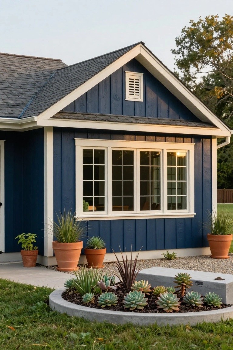 Navy blue board-and-batten sided house exterior corner featuring cream trim on a gable roof, triple-pane window, white door, potted grasses and succulents in a curved concrete planter, and surrounding grass lawn.