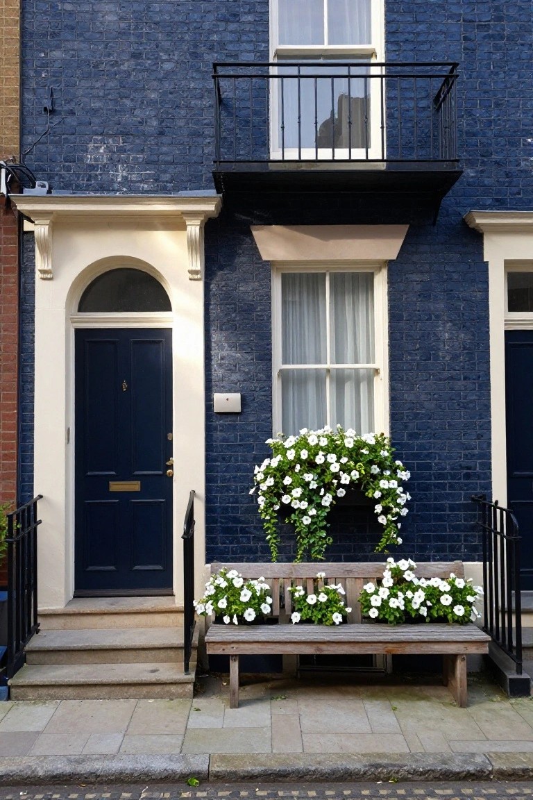 Navy blue brick terraced house exterior with cream trim around arched doorway and windows, white petunia flowers overflowing from window box and pots on wooden bench at entrance steps, black metal railings and pavement below.