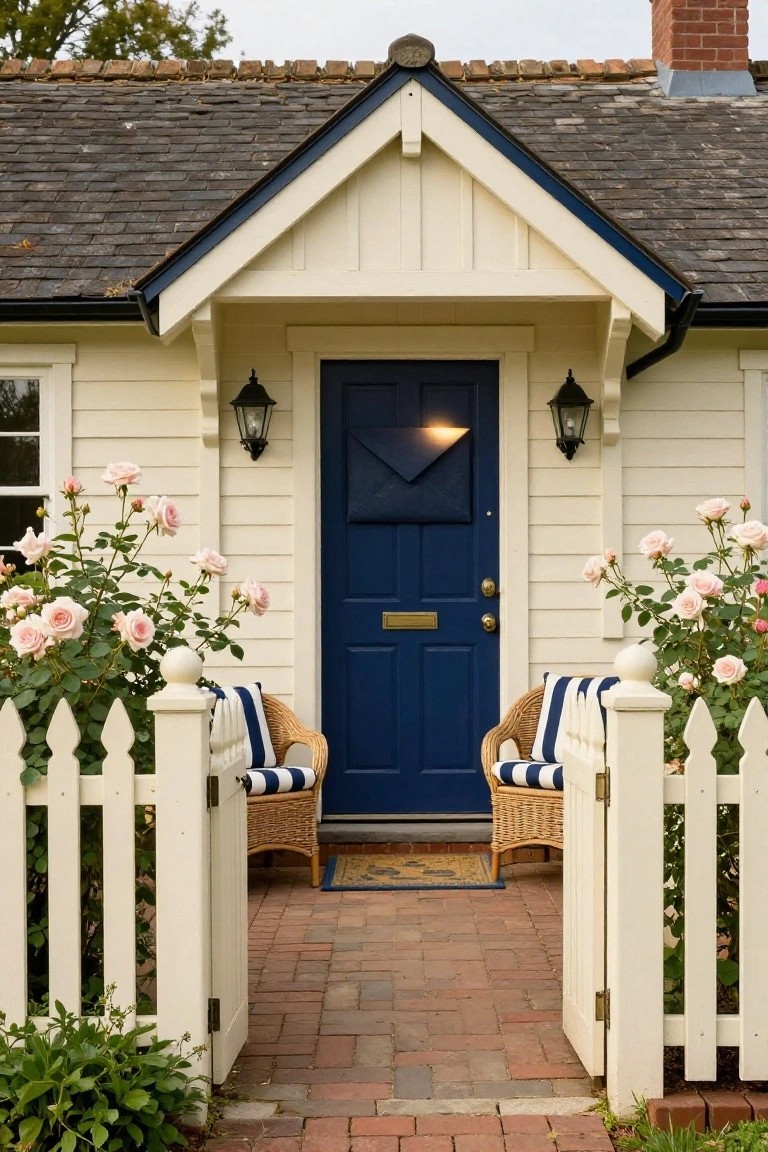 Cream clapboard house exterior with navy blue front door under a gabled porch, flanked by pink rose bushes, white picket fence gate, wicker chairs with blue cushions, and brick pathway.