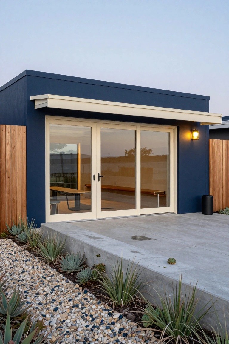 Navy blue boxy house exterior with large cream sliding glass doors opening to a concrete patio, flanked by wooden fence and bordered by agave plants and pebble ground cover.
