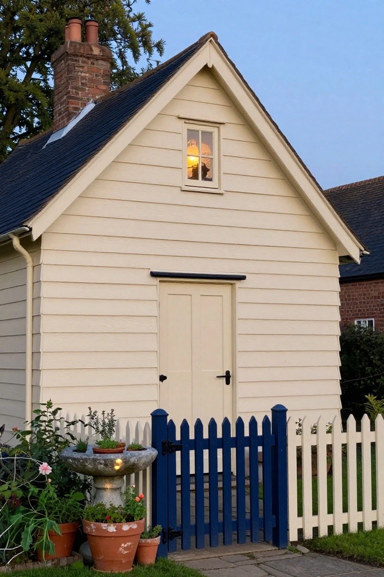 Small cream-colored clapboard shed with gabled black roof, lit window, brick chimney, double door entry, navy blue picket gate, white picket fence section, stone birdbath with plants, and potted flowers in a garden setting at dusk.