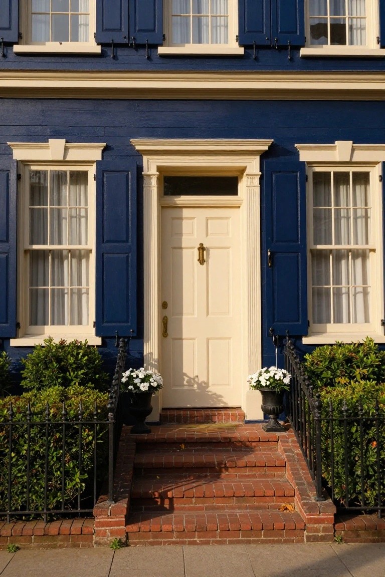 Navy blue painted house exterior with cream trim around windows and door, white front door with brass knocker, navy shutters, brick steps with black iron railing, boxwood shrubs and white flower pots on either side.