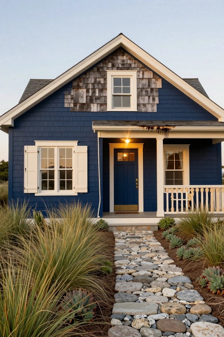 Navy blue shingle-sided cottage house with cream trim, gabled roof, front porch, blue entry door, warm porch light, and pebbled path bordered by dune grasses and succulents.