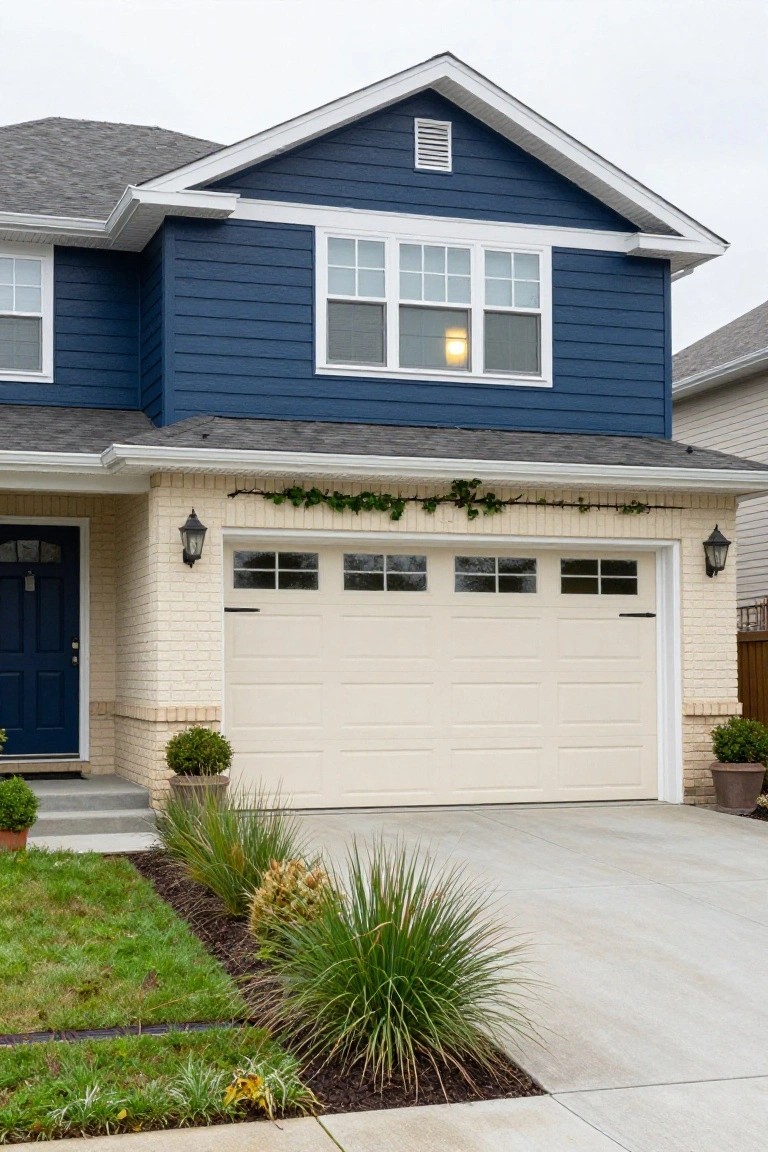 Two-story house exterior featuring navy blue siding on the upper level and gables, cream brick on the lower level, a cream garage door, navy front door flanked by lanterns, garland above the garage, potted plants, and low landscaping along the front driveway.