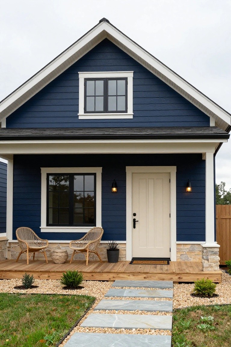 Front exterior of a navy blue clapboard house with gabled roof, white window trim, cream paneled front door with black hardware and lanterns, wooden porch holding two rattan chairs and potted plants, and flagstone path through gravel beds and grass lawn.