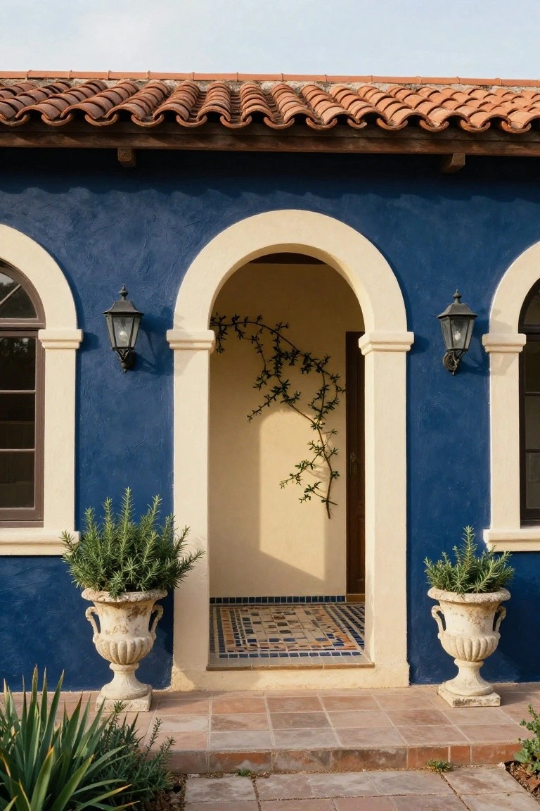 Navy blue stucco house exterior featuring a cream arched entryway between two arched windows, with wall lanterns, ivy vines, potted rosemary plants in urns, and a colorful tiled entry threshold on terracotta steps.
