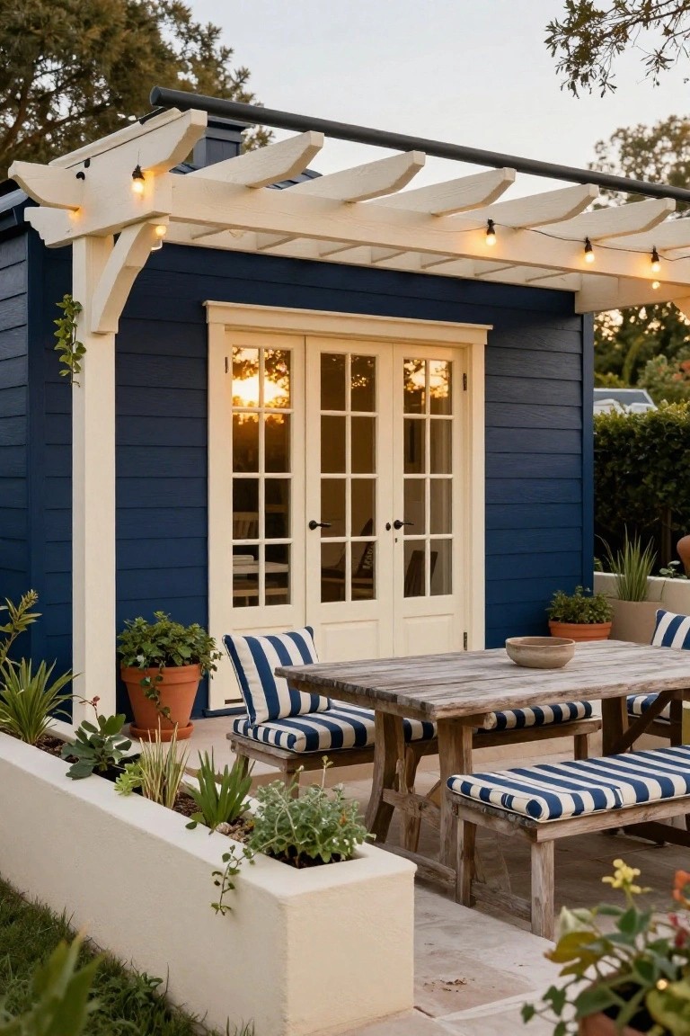 Navy blue clapboard wall with tall cream French doors, white pergola overhead with string lights, wooden dining table and blue-striped cushioned benches on a patio surrounded by raised planters and potted plants.