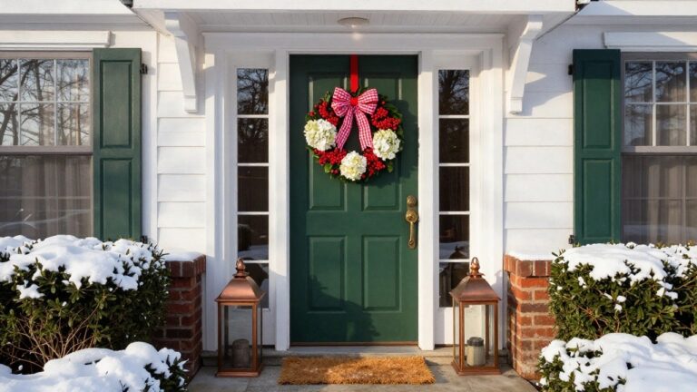 Brick house exterior with dark green front door decorated by a large red and white wreath of berries and hydrangeas tied with a red checkered bow, flanked by potted topiary shrubs on a snowy porch.