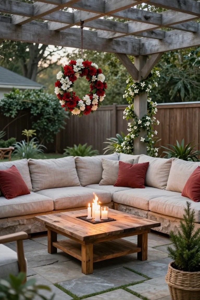 Large red and white floral wreath hanging from wooden pergola over beige L-shaped outdoor sofa with red pillows, rustic wooden coffee table with lit candles and small potted Christmas tree, backyard patio with plants and wooden fence.
