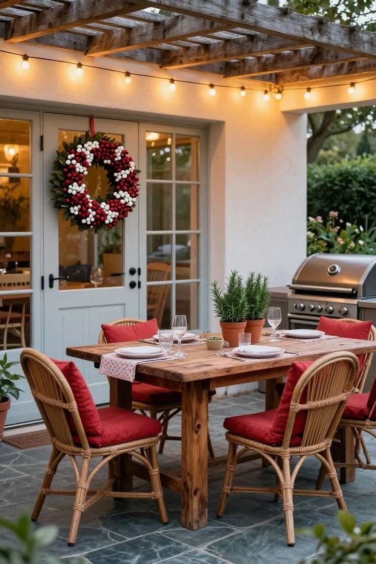 Outdoor patio under wooden pergola strung with globe lights, wooden dining table set with white plates and wine glasses, rattan chairs with red cushions, potted rosemary plants, stainless steel grill, and French doors with large red and white berry wreath.