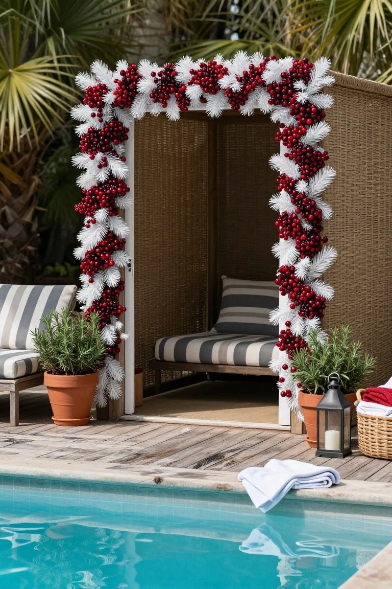 Wicker cabana by a swimming pool framed with red berry and white pine garlands, featuring striped cushions inside, potted rosemary plants, lanterns, a basket, and towels on the wooden deck.