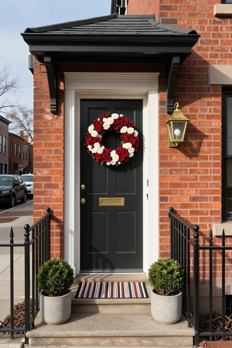 Brick rowhouse exterior featuring a black front door with a large wreath of red and white roses, gold knocker and mail slot, white trim, black iron railing, potted boxwood plants, striped doormat, and lantern light.