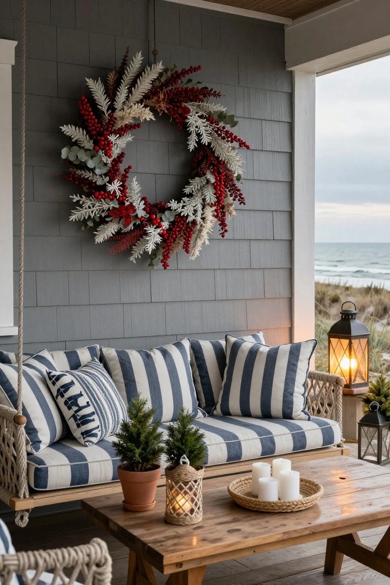 Gray shiplap porch wall with large red and white wreath hanging above a blue and white striped rope swing bed, wooden coffee table with candles and small potted Christmas trees, lanterns, and beach view in background.