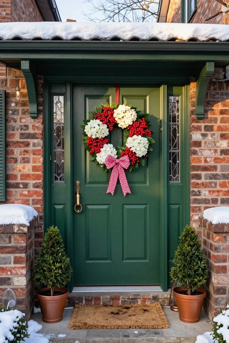 Brick house exterior with dark green front door decorated by a large red and white wreath of berries and hydrangeas tied with a red checkered bow, flanked by potted topiary shrubs on a snowy porch.
