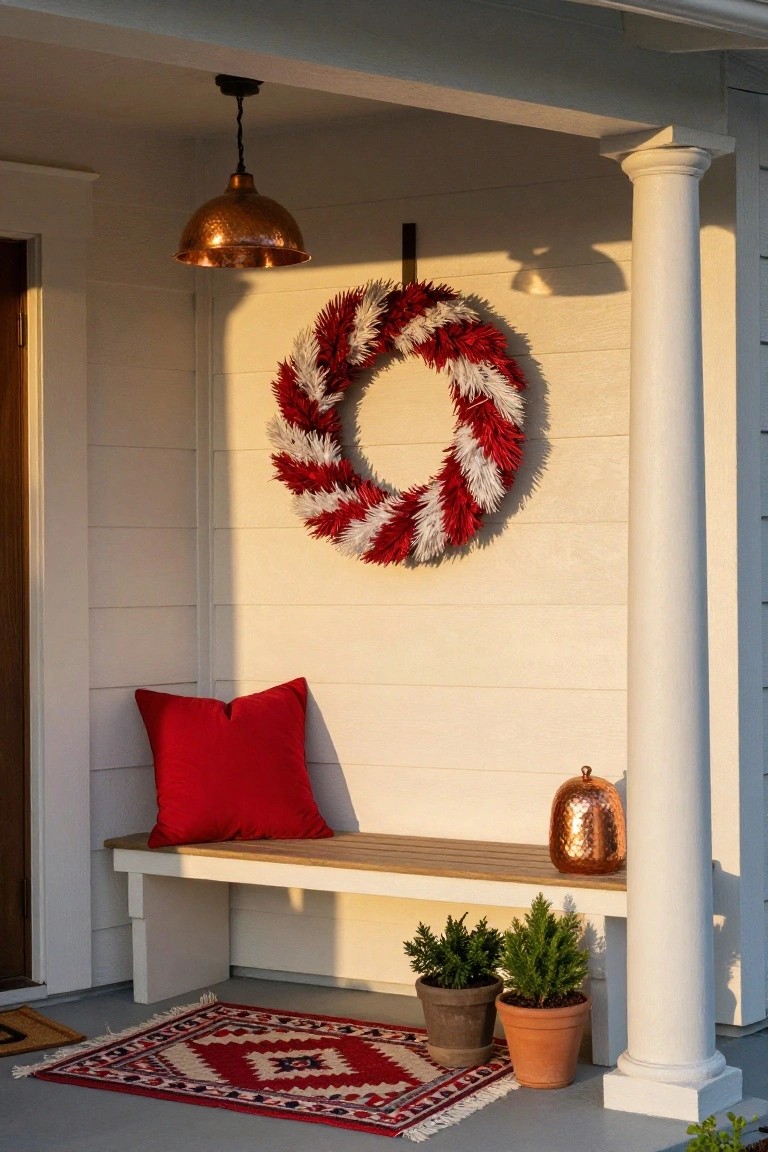 White shiplap front porch with wooden column, dark wood door, large red and white feathered wreath on wall, wooden bench with red pillow, copper lantern and pots, red rug on concrete floor.
