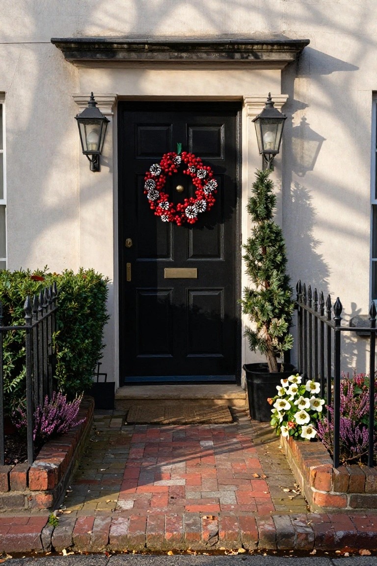 White stucco house exterior featuring a black front door with a red and white berry Christmas wreath, flanked by black lanterns, a potted conifer tree, and bordered by iron fencing with plants.