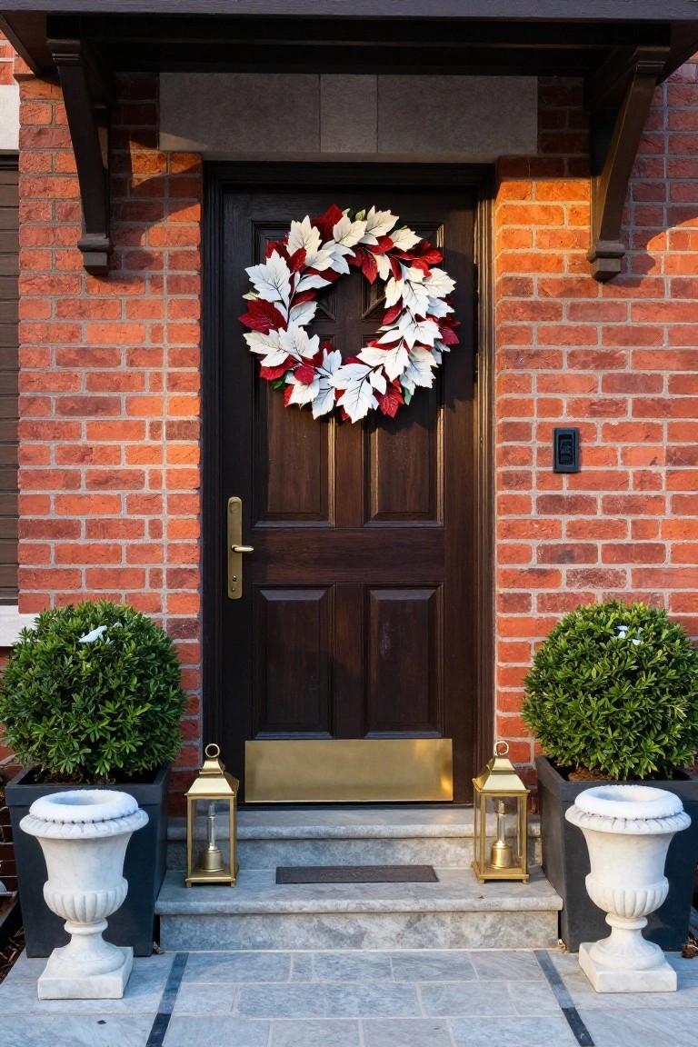 Brick house front door with a large red and white leaf Christmas wreath, gold lanterns on steps, and white urns holding boxwood topiaries.