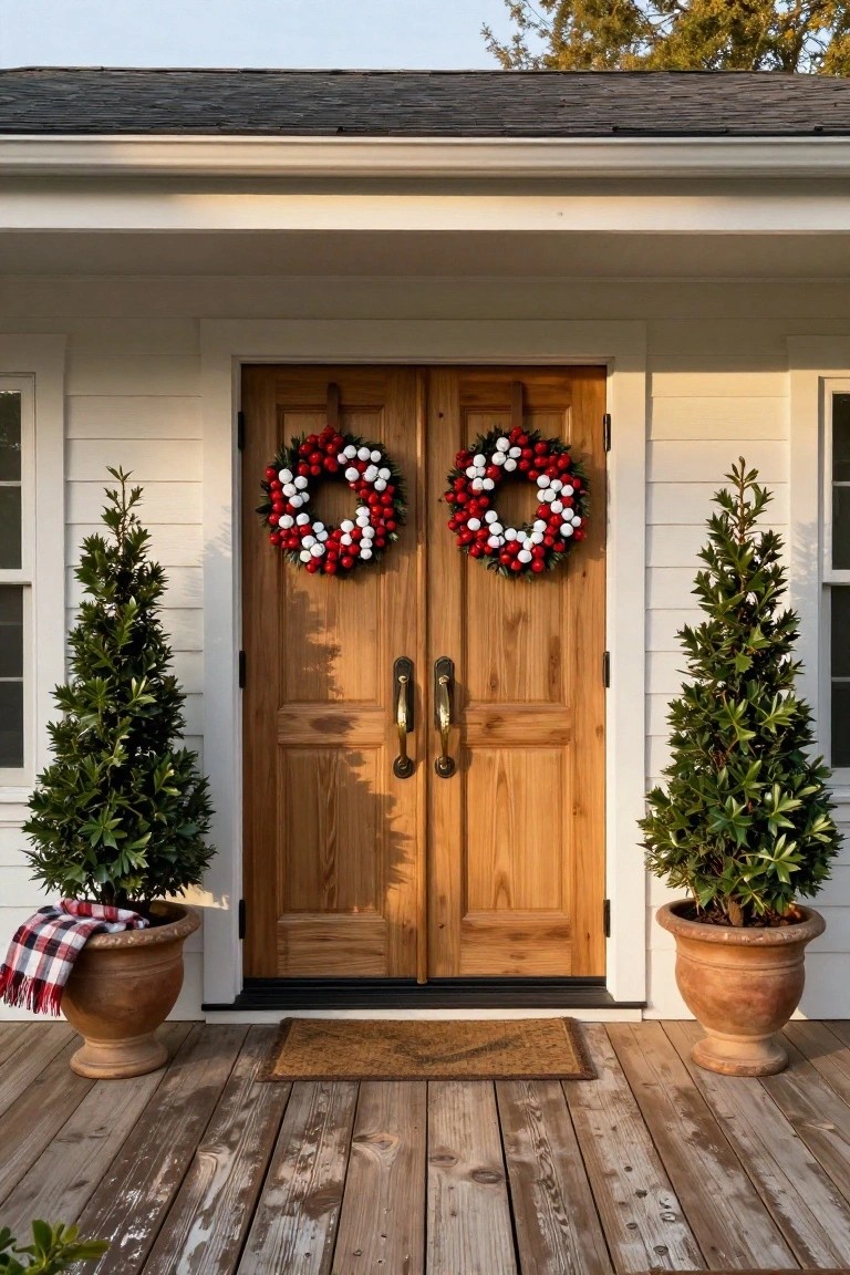 Wooden double front doors on a white house exterior decorated with matching red and white berry wreaths, flanked by potted evergreen trees in terracotta pots with plaid blankets draped over them, on a wooden porch deck.