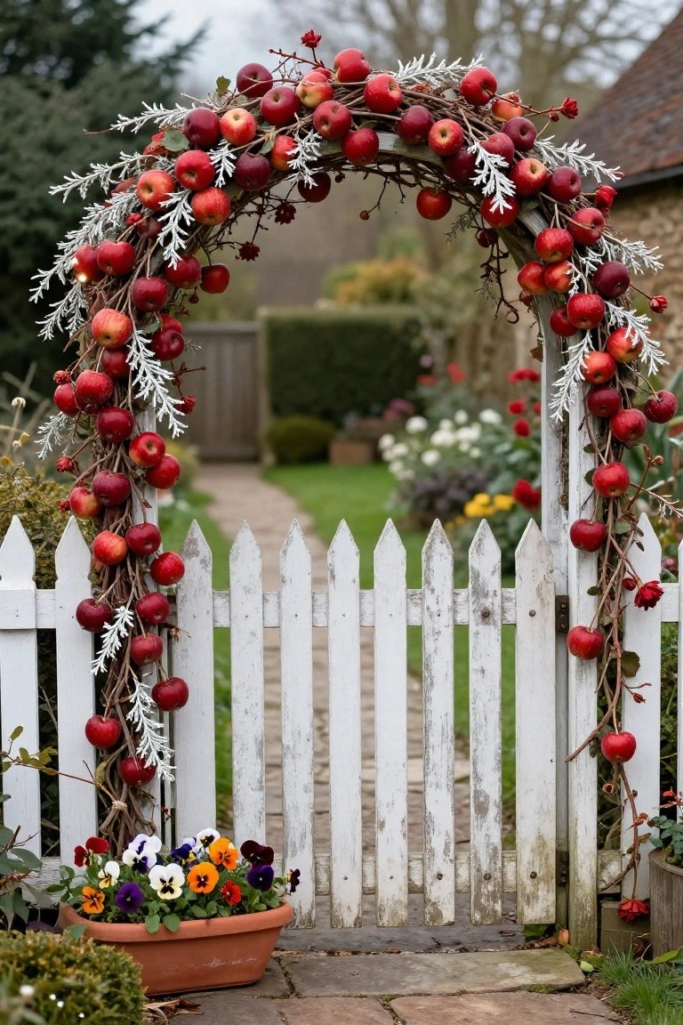 White picket fence garden gate covered in a large arch and swags of red apples, white berries, silver leaves, and branches, with a terra cotta pot of colorful pansies in front and a stone path leading into a yard with plants and a house in the background.