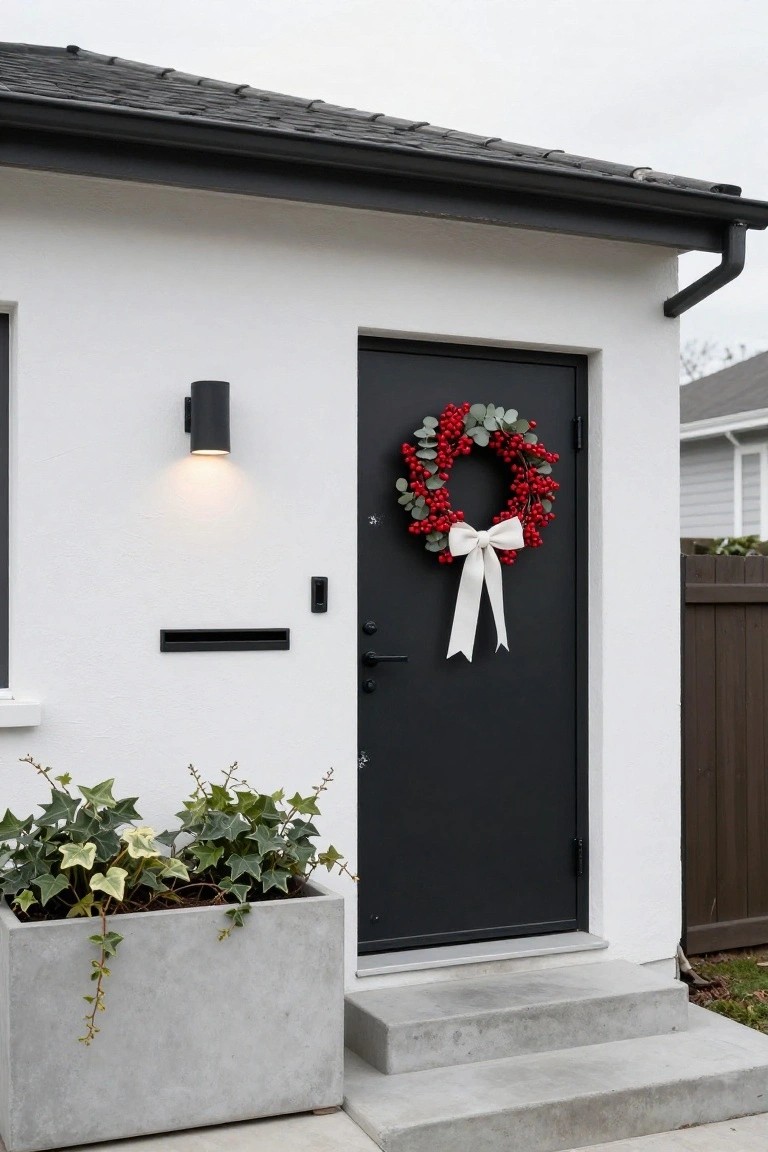 Modern front door with a red berry wreath, concrete planter, and subtle lighting.