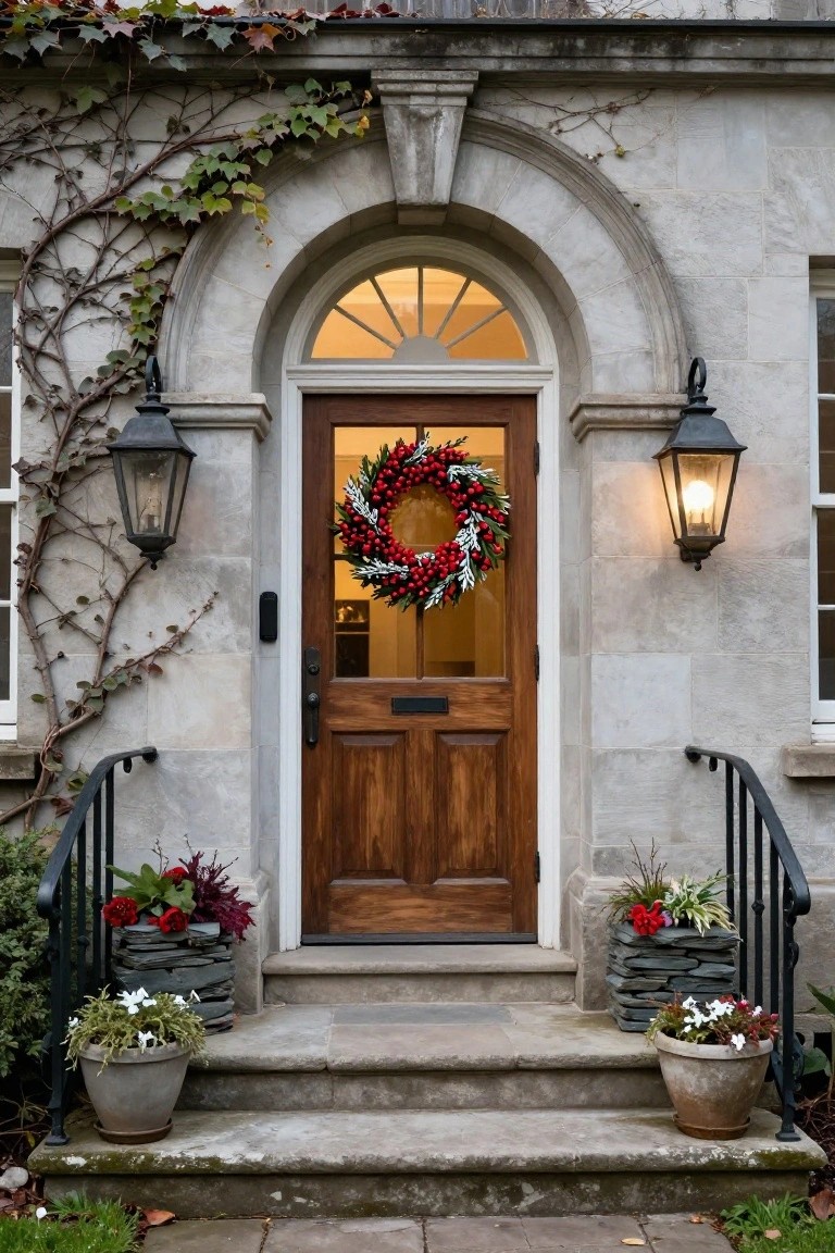 Stone house facade with ivy-covered walls, arched fanlight window, wooden front door hung with a large red berry and white pine Christmas wreath, flanked by black lanterns and potted plants on iron-railed steps.
