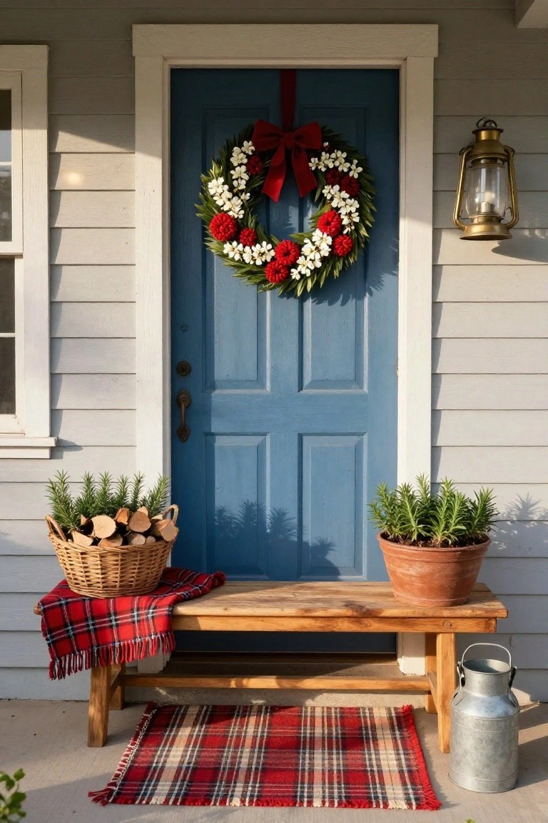 Gray clapboard house exterior with blue panel door decorated by large red and white wreath with bow, wooden bench holding plaid blanket and firewood basket, two potted rosemary plants, terracotta pot plant, and metal milk can on front porch.