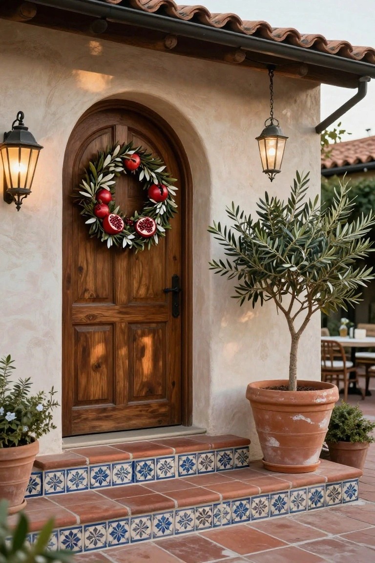 Arched wooden door on beige stucco wall decorated with olive leaf and red pomegranate wreath, flanked by black lanterns, with olive tree in terracotta pot nearby and terracotta steps with blue tiled risers.